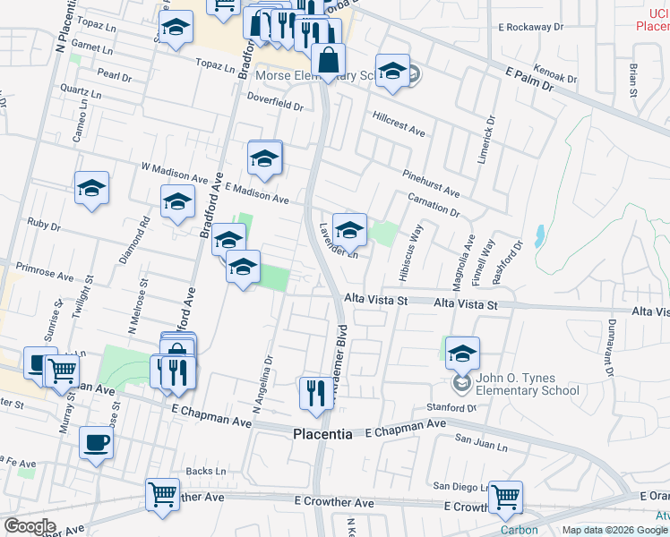 map of restaurants, bars, coffee shops, grocery stores, and more near 406 Eve Circle in Placentia