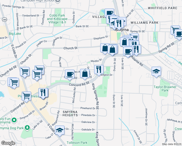 map of restaurants, bars, coffee shops, grocery stores, and more near 3123 Dunton Street in Smyrna