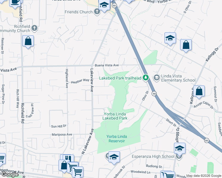 map of restaurants, bars, coffee shops, grocery stores, and more near 18270 Vía Madera in Yorba Linda