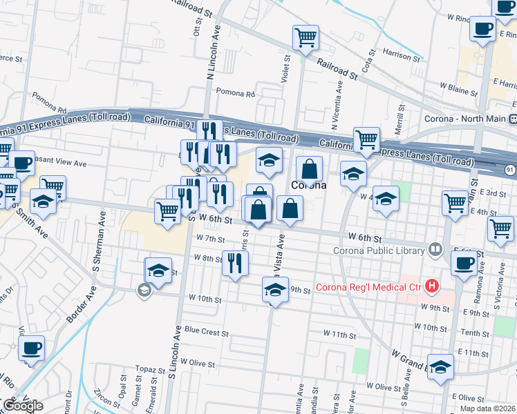 map of restaurants, bars, coffee shops, grocery stores, and more near 950 West 5th Street in Corona