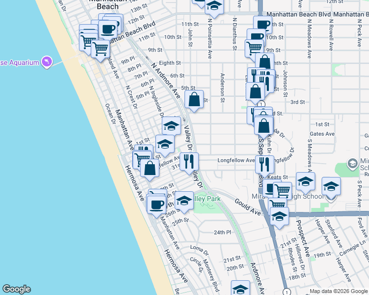 map of restaurants, bars, coffee shops, grocery stores, and more near 520 Francisco Street in Manhattan Beach