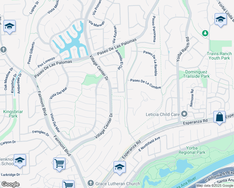 map of restaurants, bars, coffee shops, grocery stores, and more near 20640 Via Augusto in Yorba Linda