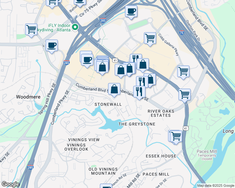 map of restaurants, bars, coffee shops, grocery stores, and more near 3000 Cumberland Boulevard Southeast in Atlanta