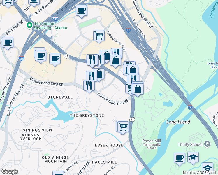 map of restaurants, bars, coffee shops, grocery stores, and more near 3300 Riverwood Parkway in Atlanta