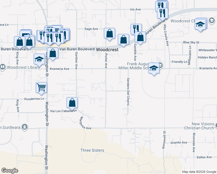 map of restaurants, bars, coffee shops, grocery stores, and more near 17508 Calle Del Corral in Riverside