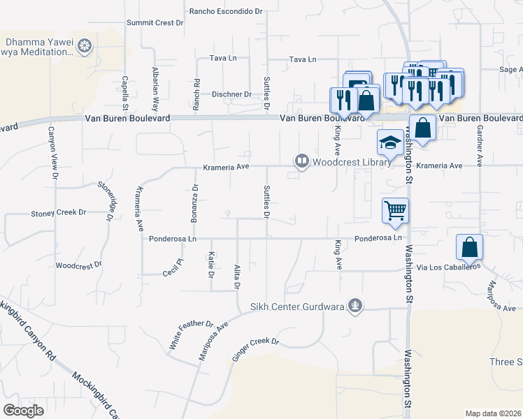map of restaurants, bars, coffee shops, grocery stores, and more near 16460 Landon Court in Riverside