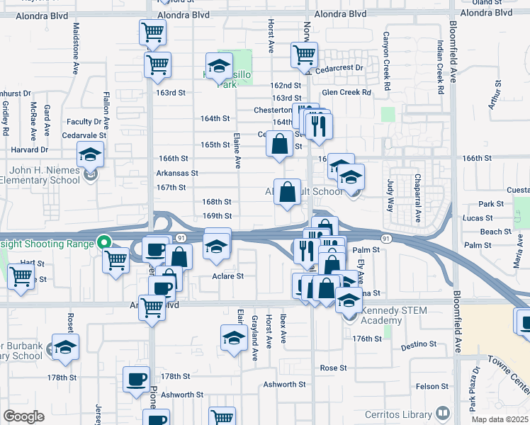map of restaurants, bars, coffee shops, grocery stores, and more near 12045 169th Street in Artesia