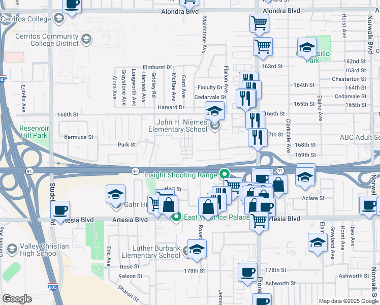 map of restaurants, bars, coffee shops, grocery stores, and more near 11518 Belvedere Court in Cerritos
