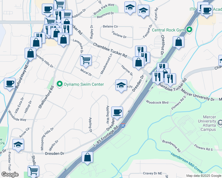 map of restaurants, bars, coffee shops, grocery stores, and more near 3019 Trafalgar Way in Atlanta