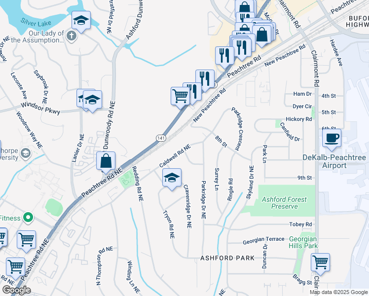 map of restaurants, bars, coffee shops, grocery stores, and more near 3170 Caldwell Road Northeast in Atlanta