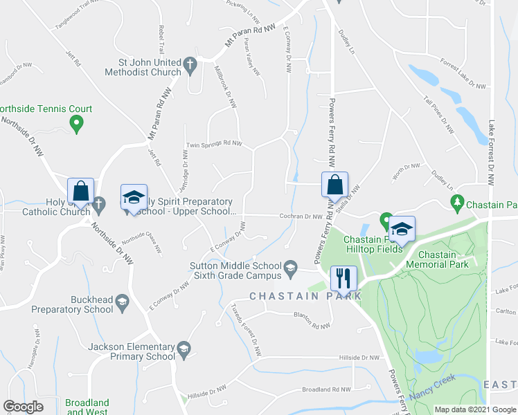 map of restaurants, bars, coffee shops, grocery stores, and more near 435 Cochran Drive Northwest in Atlanta