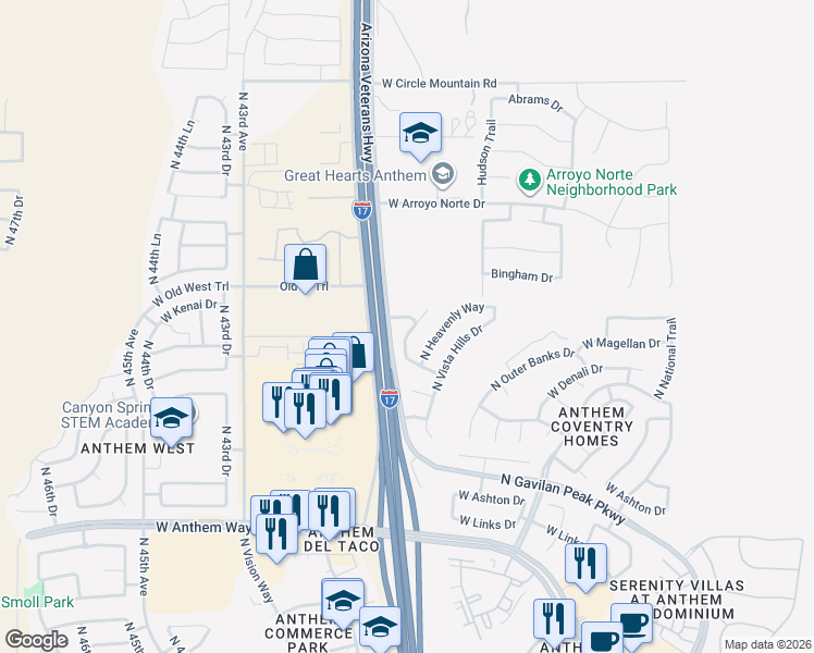 map of restaurants, bars, coffee shops, grocery stores, and more near 43240 North Whisper Lane in New River