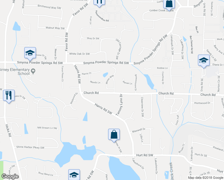 map of restaurants, bars, coffee shops, grocery stores, and more near 3094 Moser Way in Marietta