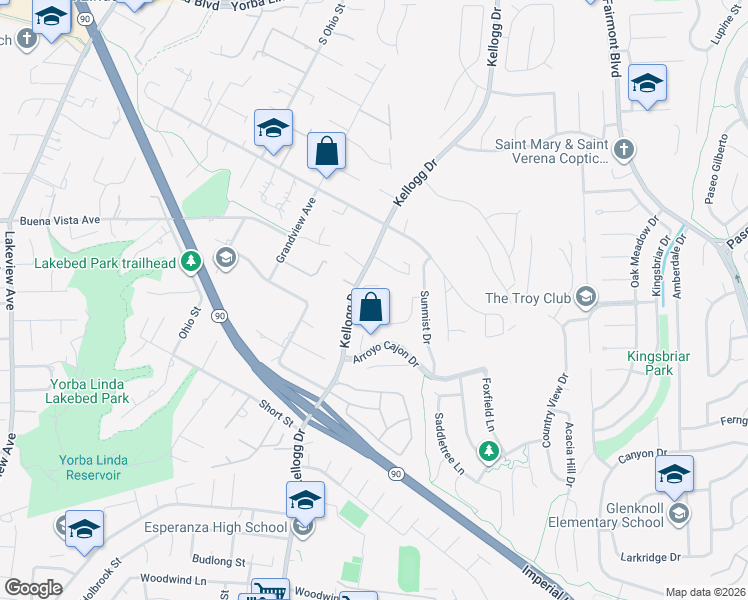 map of restaurants, bars, coffee shops, grocery stores, and more near 5754 Kellogg Drive in Yorba Linda