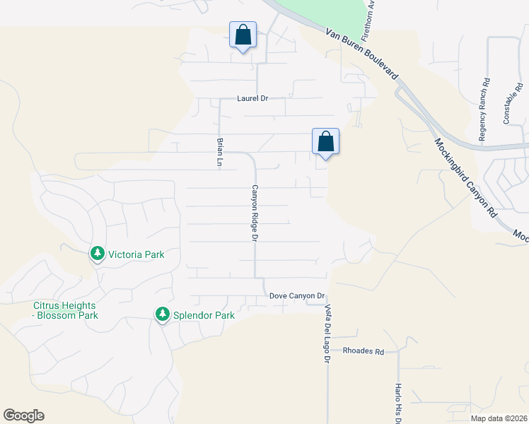 map of restaurants, bars, coffee shops, grocery stores, and more near 14253 Meadowlands Drive in Riverside