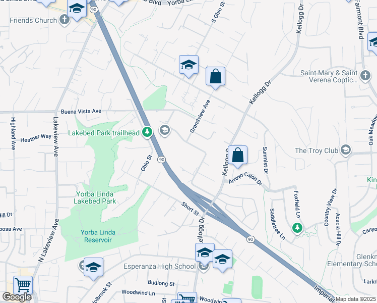 map of restaurants, bars, coffee shops, grocery stores, and more near 5729 Grandview Avenue in Yorba Linda