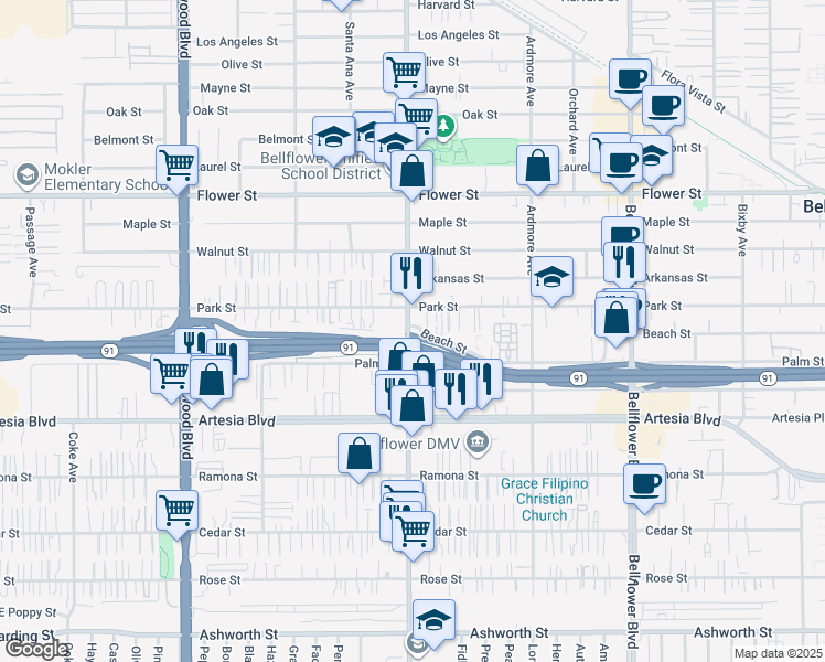 map of restaurants, bars, coffee shops, grocery stores, and more near 17120 Clark Avenue in Bellflower