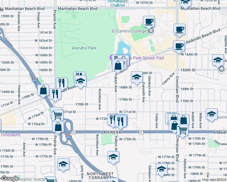 map of restaurants, bars, coffee shops, grocery stores, and more near 16811 Yukon Avenue in Torrance