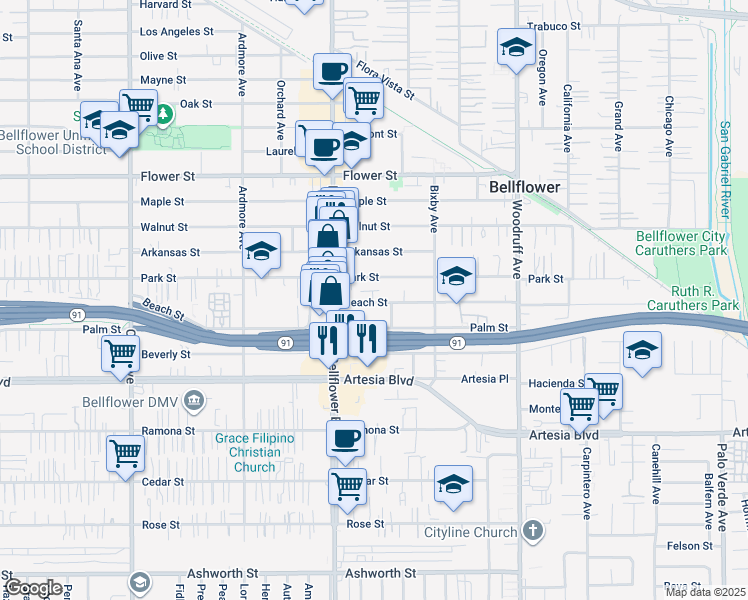 map of restaurants, bars, coffee shops, grocery stores, and more near 9845 1/2 Beach Street in Bellflower