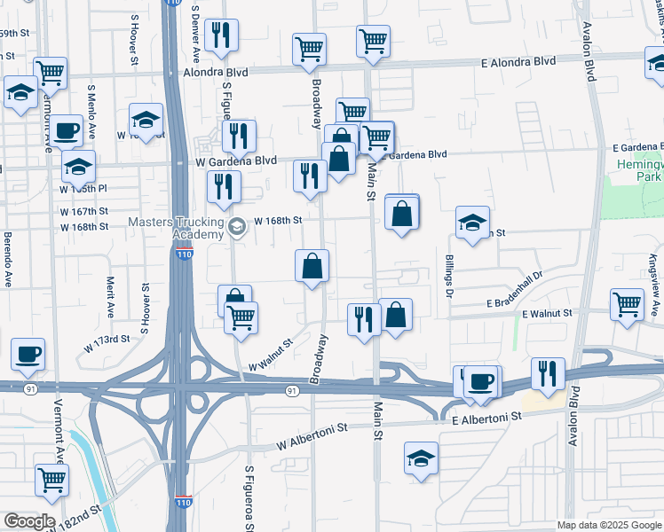 map of restaurants, bars, coffee shops, grocery stores, and more near 16928 South Broadway in Gardena