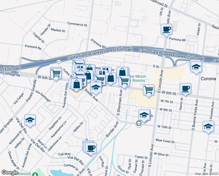map of restaurants, bars, coffee shops, grocery stores, and more near 1358 West 6th Street in Corona