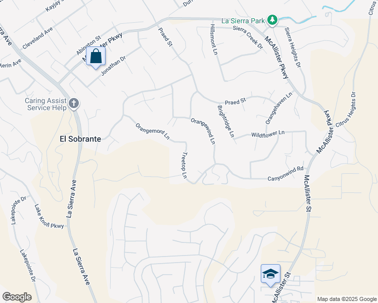 map of restaurants, bars, coffee shops, grocery stores, and more near 16636 Treetop Lane in Riverside