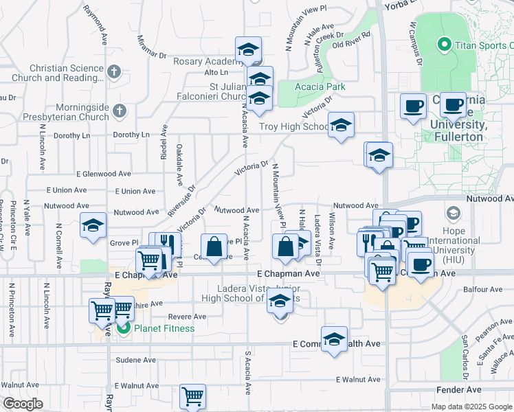 map of restaurants, bars, coffee shops, grocery stores, and more near 801 Maertin Lane in Fullerton