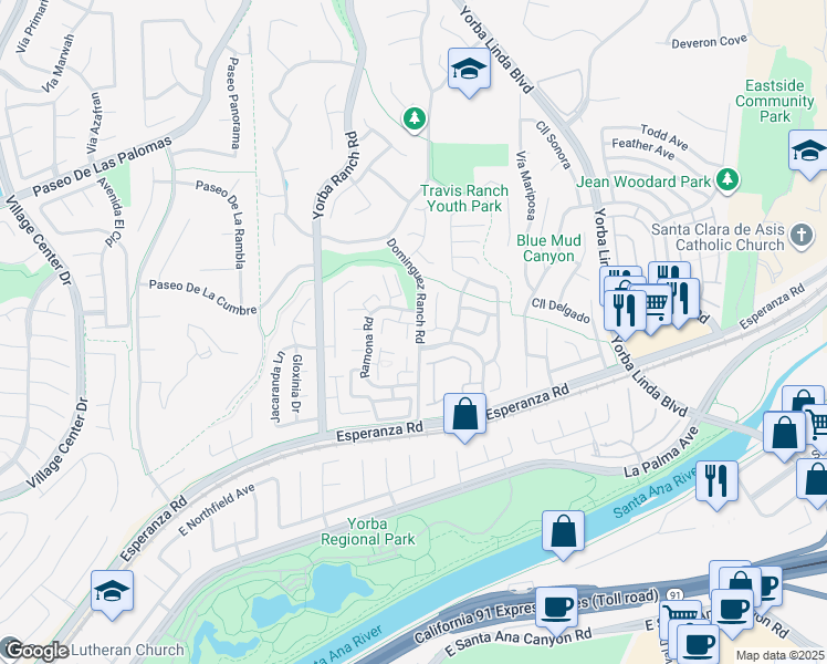 map of restaurants, bars, coffee shops, grocery stores, and more near 21166 Vía Canon in Yorba Linda