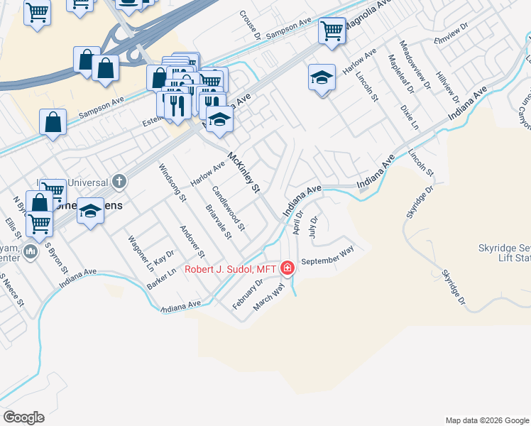 map of restaurants, bars, coffee shops, grocery stores, and more near 3461 Crownworth Street in Corona