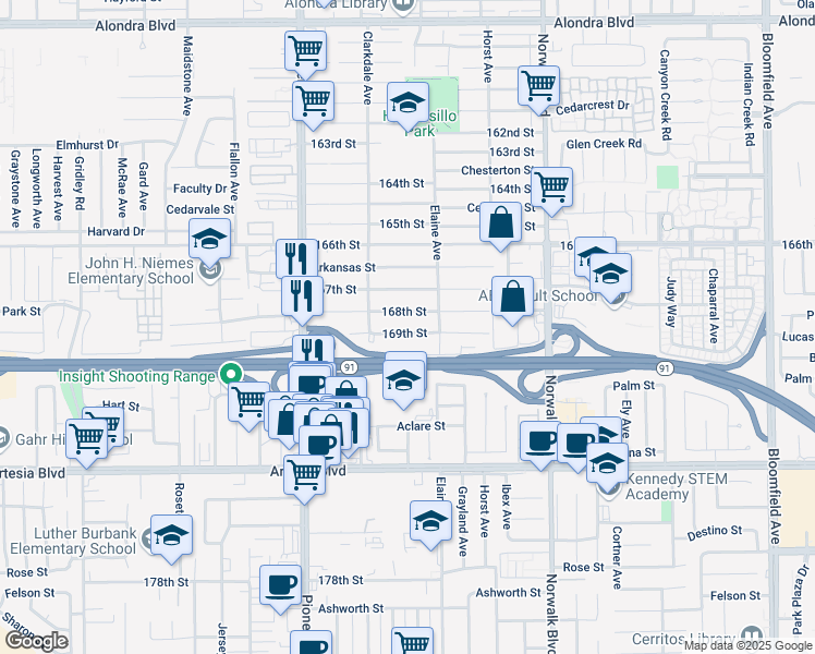 map of restaurants, bars, coffee shops, grocery stores, and more near 11933 169th Street in Artesia
