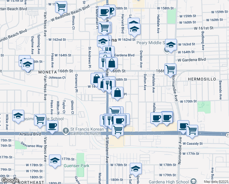 map of restaurants, bars, coffee shops, grocery stores, and more near 16933 South Hobart Boulevard in Gardena