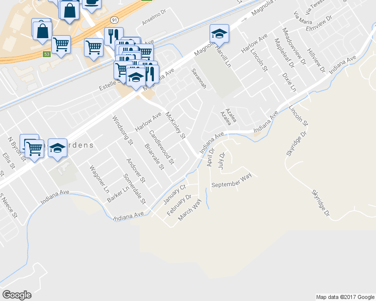 map of restaurants, bars, coffee shops, grocery stores, and more near 3461 Crownworth Street in Corona