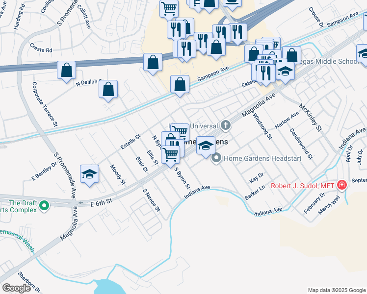 map of restaurants, bars, coffee shops, grocery stores, and more near 13575 Magnolia Avenue in Corona