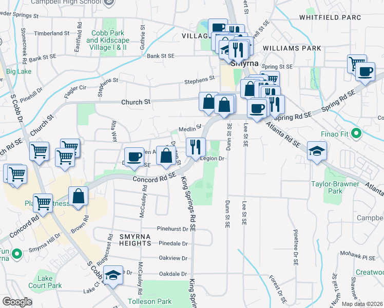 map of restaurants, bars, coffee shops, grocery stores, and more near 1181 Laurel Place in Smyrna