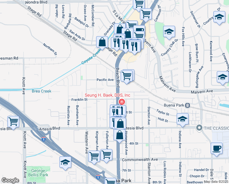 map of restaurants, bars, coffee shops, grocery stores, and more near 5691 Beach Boulevard in Buena Park