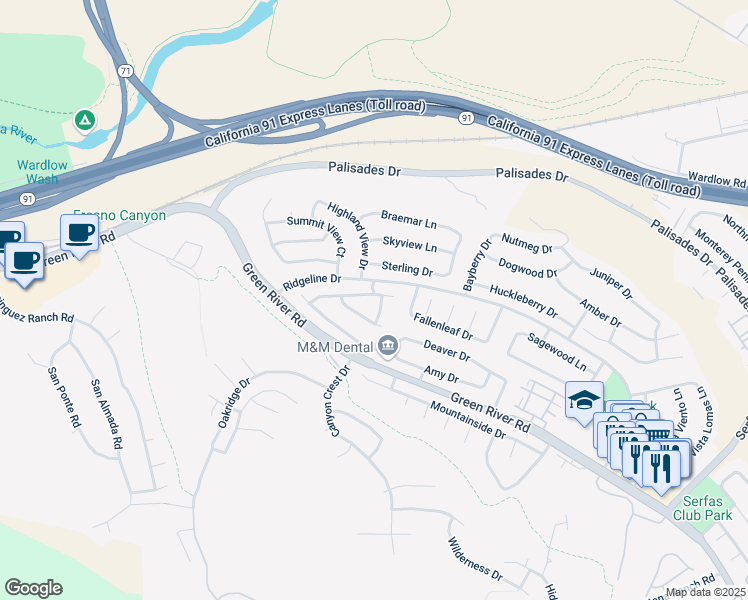 map of restaurants, bars, coffee shops, grocery stores, and more near 3504 Doe Spring Road in Corona