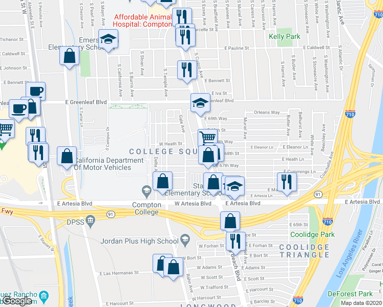 map of restaurants, bars, coffee shops, grocery stores, and more near 170 W 68th St in Long Beach