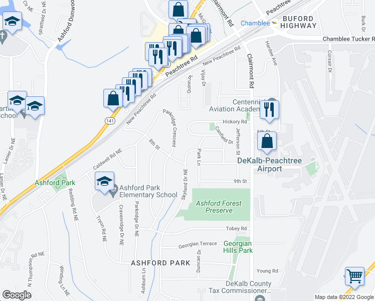 map of restaurants, bars, coffee shops, grocery stores, and more near 3110 Skyland Drive Northeast in Atlanta