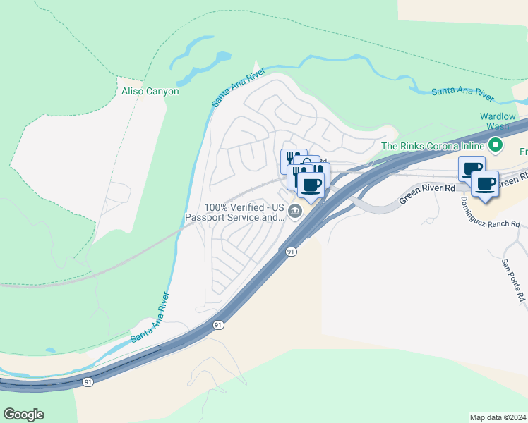 map of restaurants, bars, coffee shops, grocery stores, and more near 4901 Green River Road in Corona