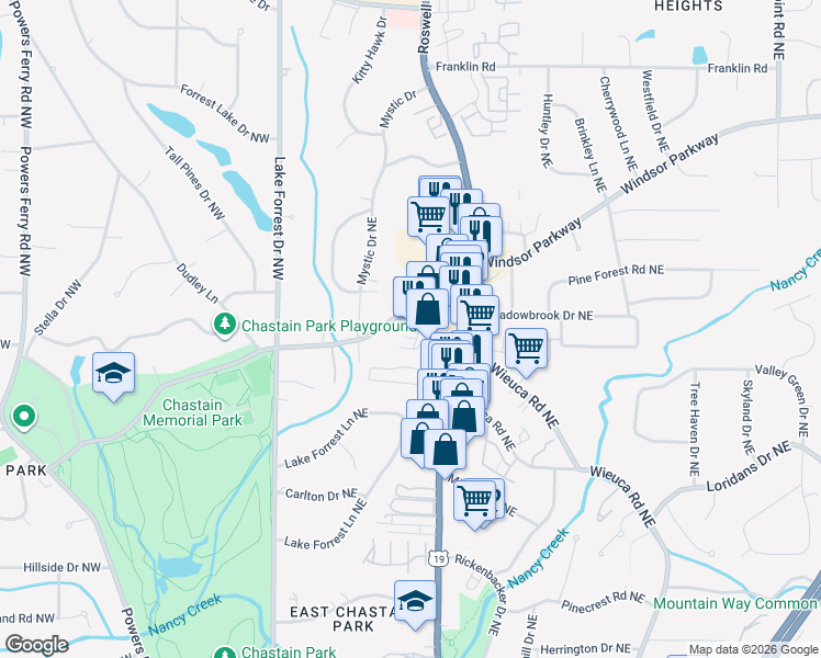 map of restaurants, bars, coffee shops, grocery stores, and more near 135 West Wieuca Road Northeast in Atlanta