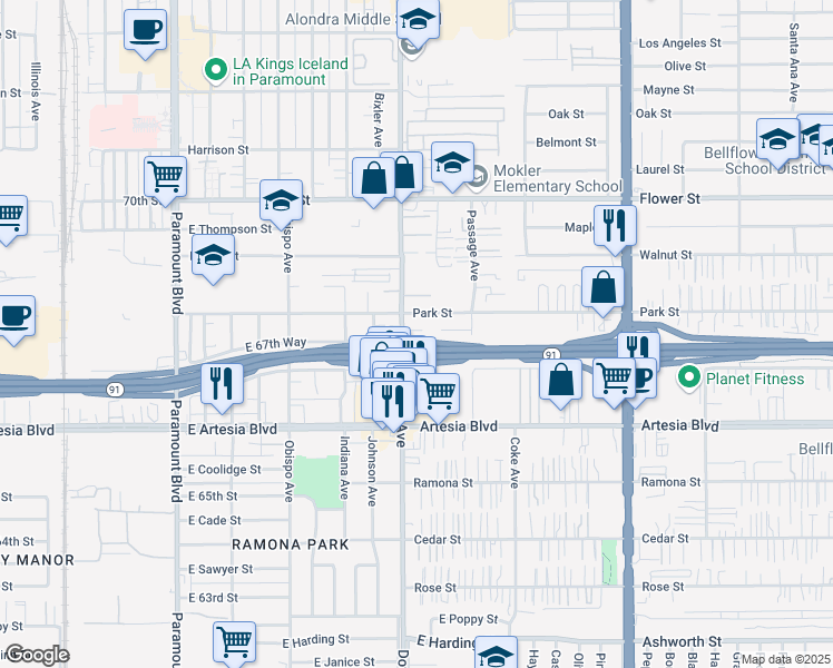 map of restaurants, bars, coffee shops, grocery stores, and more near 17118 Downey Avenue in Bellflower