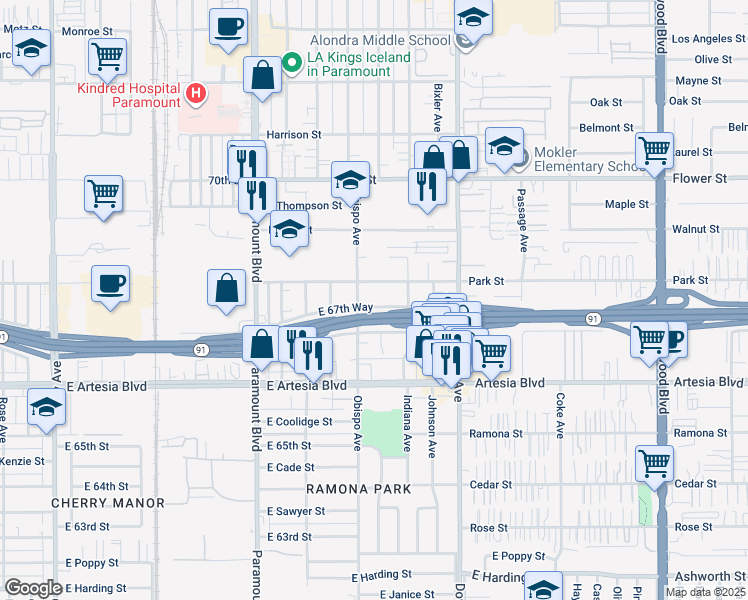map of restaurants, bars, coffee shops, grocery stores, and more near 3231 East 67th Way in Long Beach
