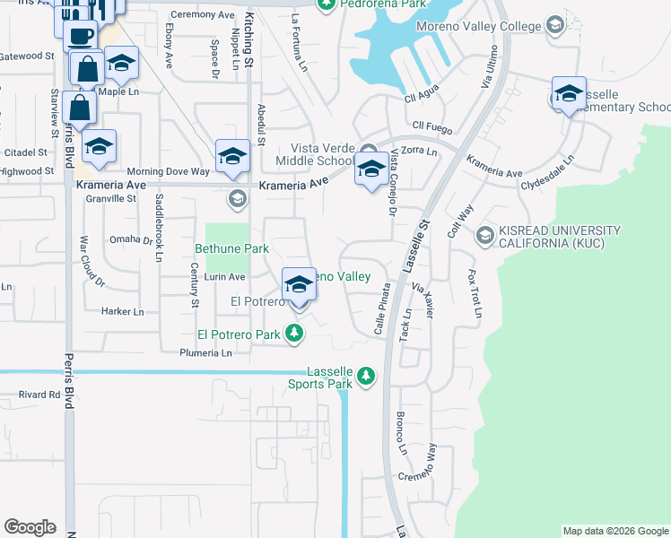 map of restaurants, bars, coffee shops, grocery stores, and more near 25760 Via Salerno Court in Moreno Valley