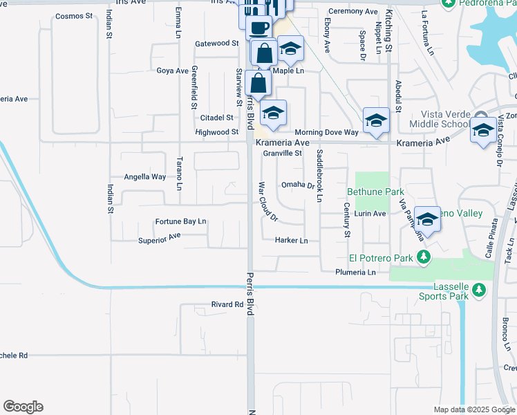 map of restaurants, bars, coffee shops, grocery stores, and more near 16686 War Cloud Drive in Moreno Valley