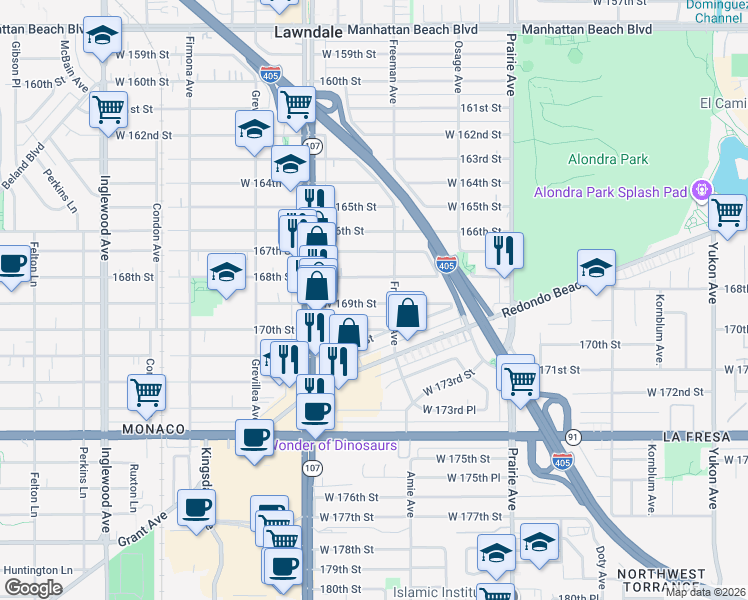 map of restaurants, bars, coffee shops, grocery stores, and more near 4223 West 169th Street in Lawndale