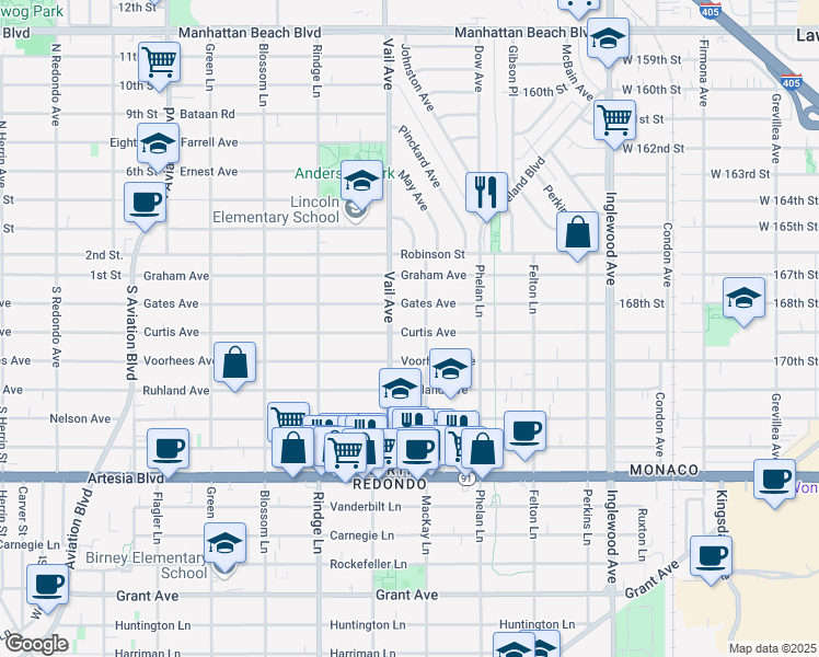 map of restaurants, bars, coffee shops, grocery stores, and more near 2309 Curtis Avenue in Redondo Beach