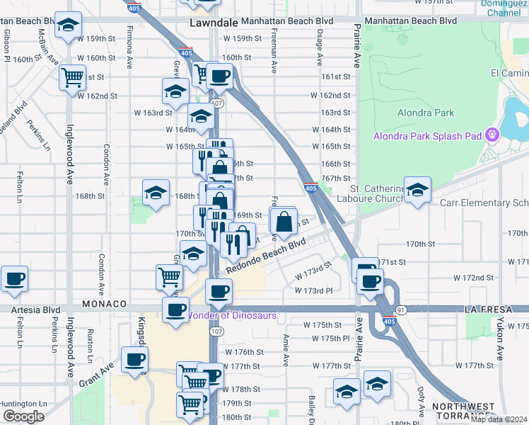 map of restaurants, bars, coffee shops, grocery stores, and more near 4225 West 169th Street in Lawndale