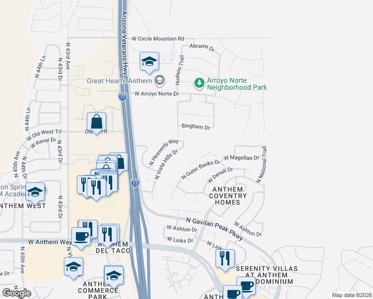 map of restaurants, bars, coffee shops, grocery stores, and more near 43373 North Vista Hills Drive in New River
