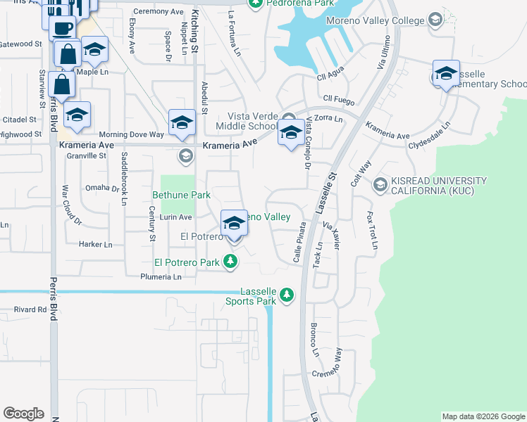map of restaurants, bars, coffee shops, grocery stores, and more near 25760 Via Salerno Court in Moreno Valley
