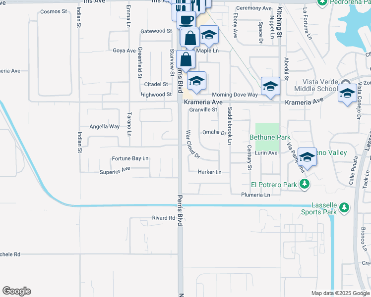 map of restaurants, bars, coffee shops, grocery stores, and more near 16686 War Cloud Drive in Moreno Valley